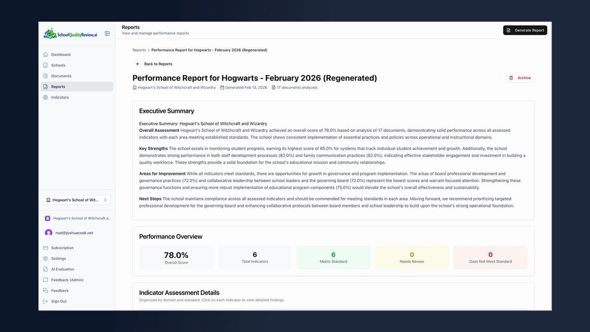 Evidence quotes from school documents supporting indicator scores